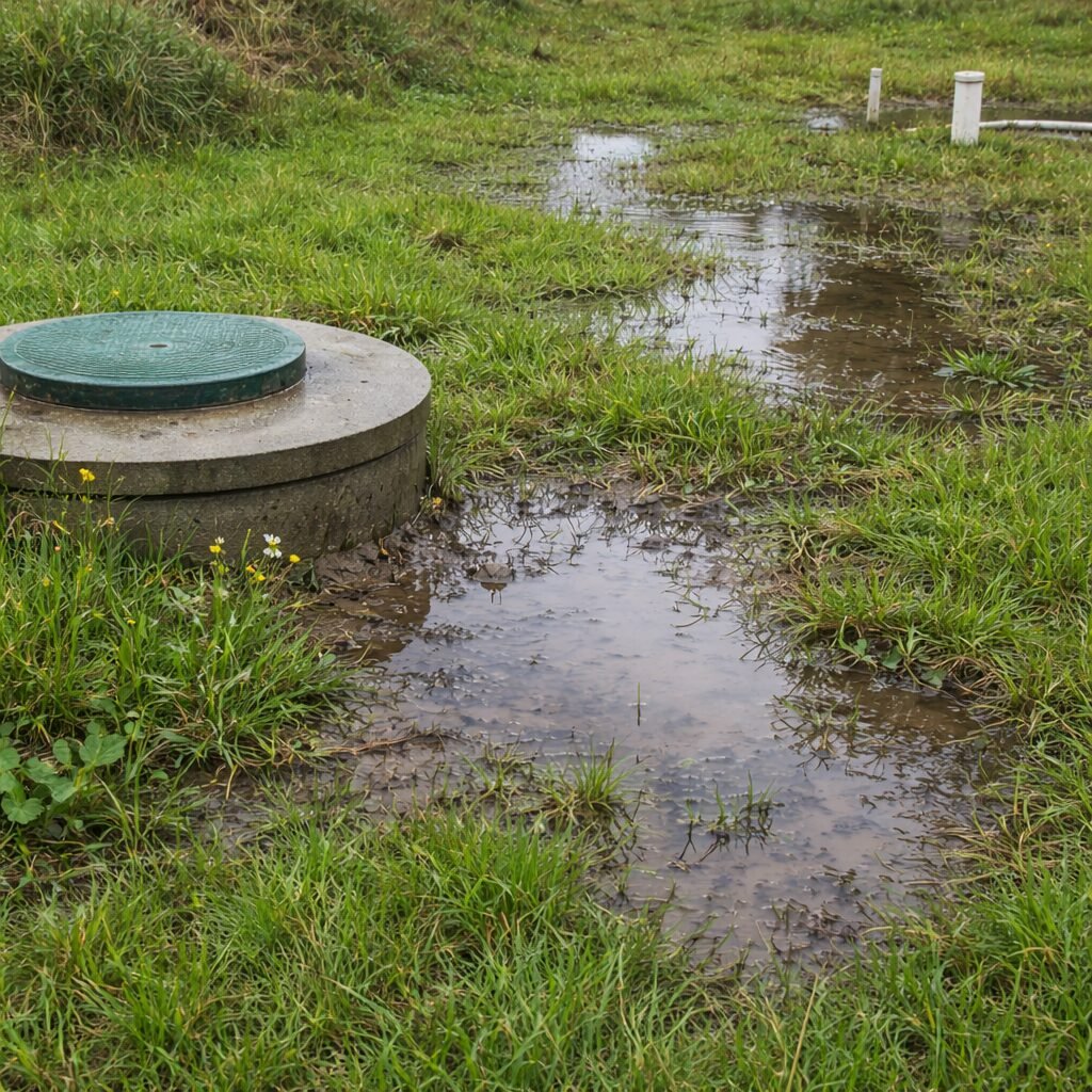 Wet ground near a septic tank showing standing water and possible drainage issues.